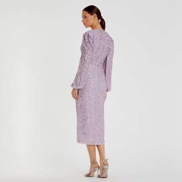 NWT Mac Duggal Purple Sequined Illusion Puff Sleeve V Neck Midi Lavender 10 - Picture 4 of 8